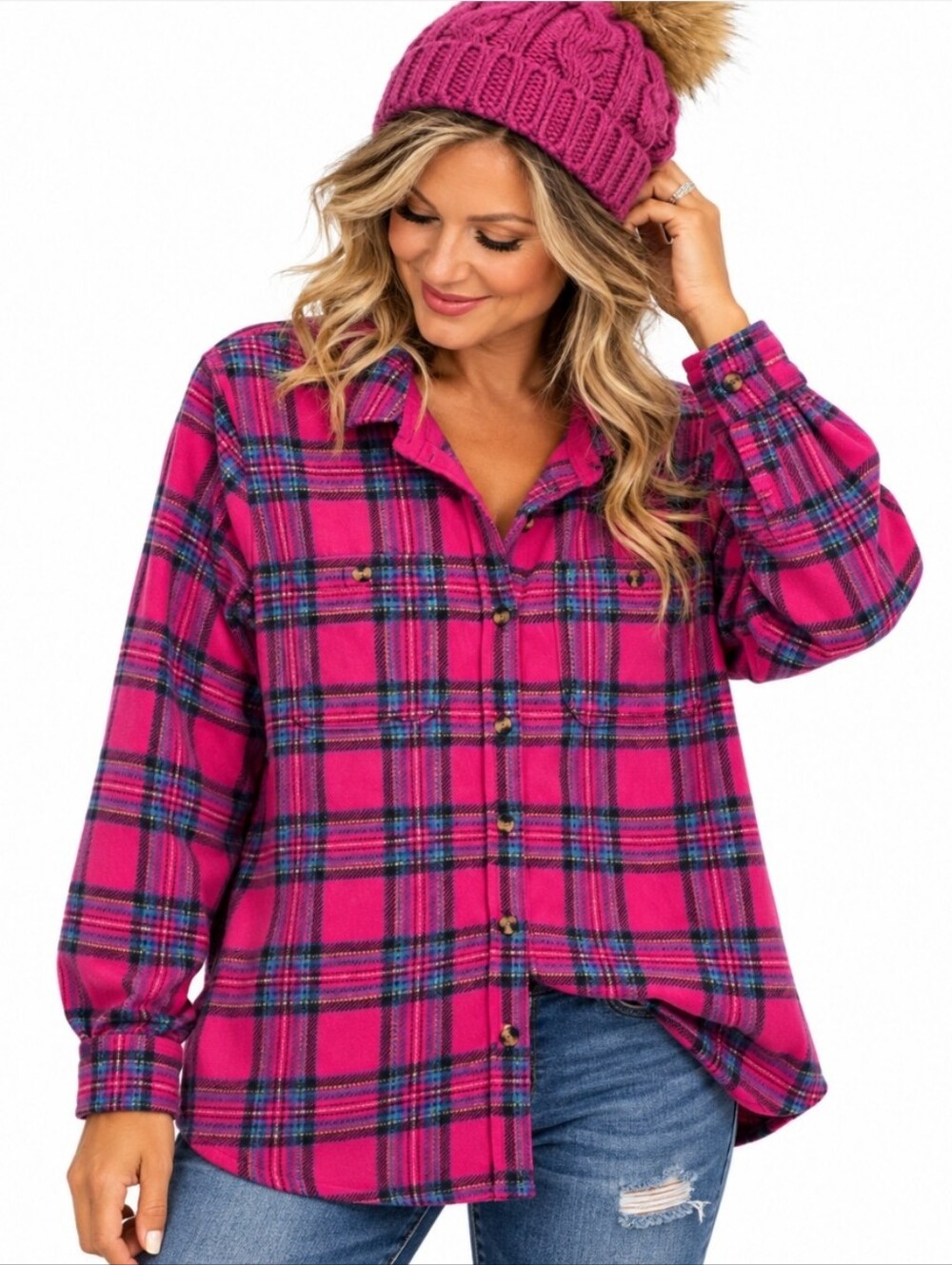 Time And Tru Flannel Pink Purple Plaid Button Front Shirt Large  12-14